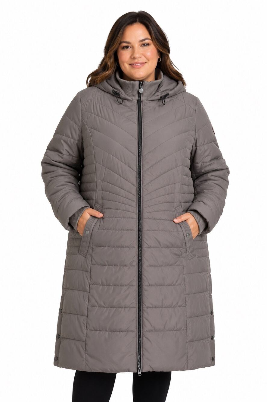 Bernardo Hooded Quilted Puffer Coat Taupe Gray Longline Winter Jacket 2X